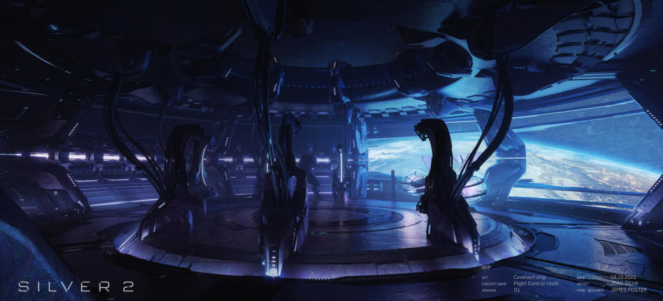 Concept art of the flight control room on the Covenant ship in <em>Halo</em>