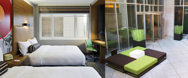 Style for less: An Aloft double queen room and courtyard.