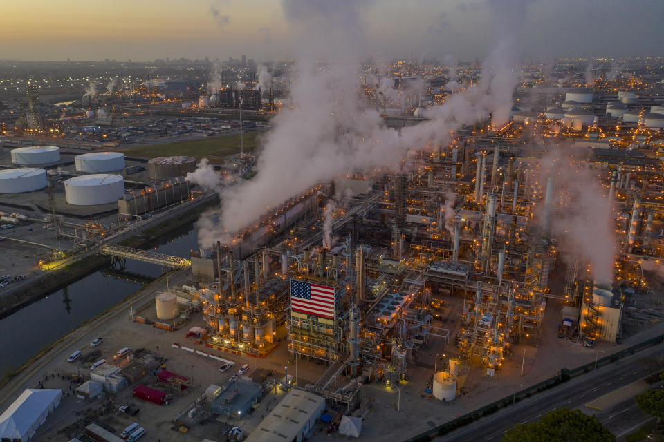 CARSON, CALIFORNIA - APRIL 22: An aerial view shows Marathon Petroleum Corp's Los Angeles Refinery, the state's largest producer of gasoline, as oil prices have cratered with the spread of the coronavirus pandemic on April 22, 2020 in Carson, California. Crude oil prices dropped into negative territory for the first time on April 20 with millions of barrels going unused after travel restrictions and widespread social distancing measures brought on by the coronavirus (COVID-19) pandemic all but obliterated global energy demand. Today marks the 50th anniversary of Earth Day, the annual celebration of the environmental movement. (Photo by David McNew/Getty Images)