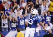 Jan 4, 2014; Indianapolis, IN, USA; Indianapolis Colts receiver T.Y. Hilton (13) celebrates after scoring the winning touchdown in the fourth quarter against the Kansas City Chiefs during the 2013 AFC wild card playoff football game at Lucas Oil Stadium. Mandatory Credit: Thomas J. Russo-USA TODAY Sports