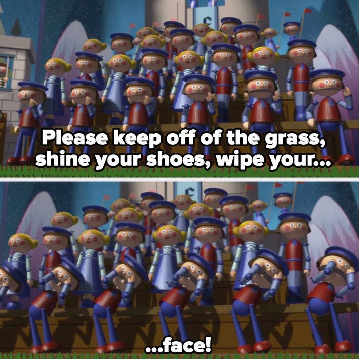the puppets sing, "please keep off of the grass, shine your shoes, wipe your...face!"