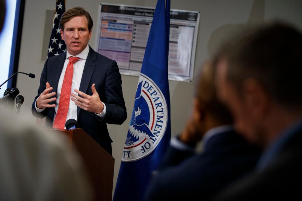 Christopher Krebs, undersecretary of the Department of Homeland Security's National Protection and Programs Directorate, speaks during a news conference on election cybersecurity Oct. 19, 2018, in Arlington, Virginia.