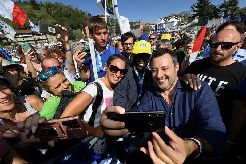 Matteo Salvini, leader of the League party, attends a rally in Pontida