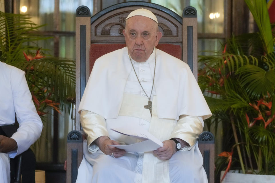 Pope Francis delivers his speech during a meeting with victims of violence in eastern Congo, at the Apostolic Nunciature in Kinshasa, Democratic Republic of Congo, Wednesday, Feb. 1, 2023. Francis is in Congo and South Sudan for a six-day trip, hoping to bring comfort and encouragement to two countries that have been riven by poverty, conflicts and what he calls a "colonialist mentality" that has exploited Africa for centuries. (AP Photo/Gregorio Borgia)