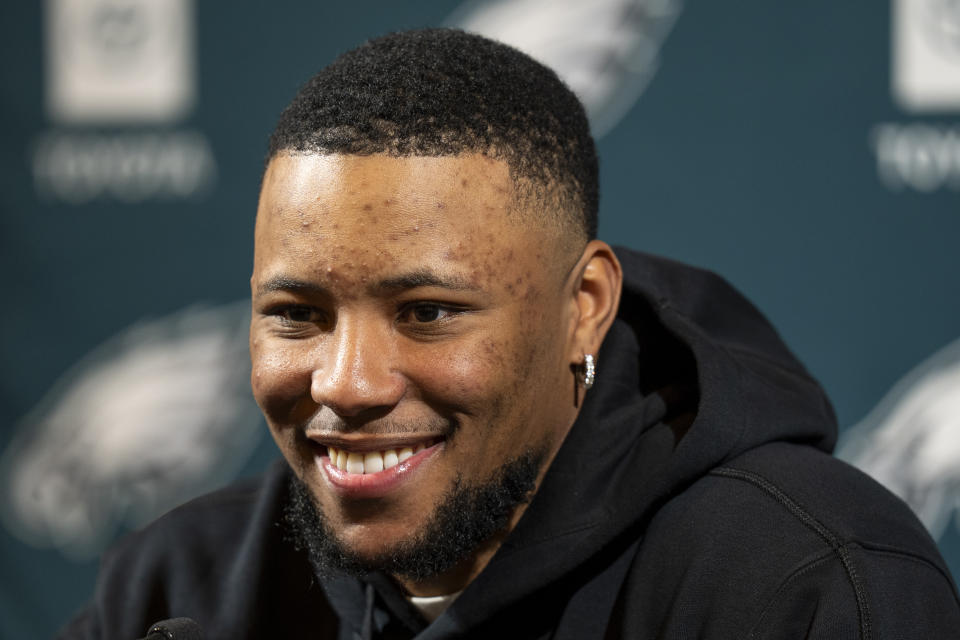 Philadelphia Eagle's Saquon Barkley talks to the media during a press conference after signing with the NFL football team, Thursday, March 14, 2024, in Philadelphia. (AP Photo/Chris Szagola)