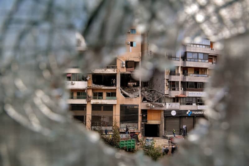 The destroyed Hamas' office that was attacked by Israel on 02 January killing Palestinian leader Saleh al-Arouri and six others pictured from shattered glass in Beirut southern suburb. Marwan Naamnai/dpa