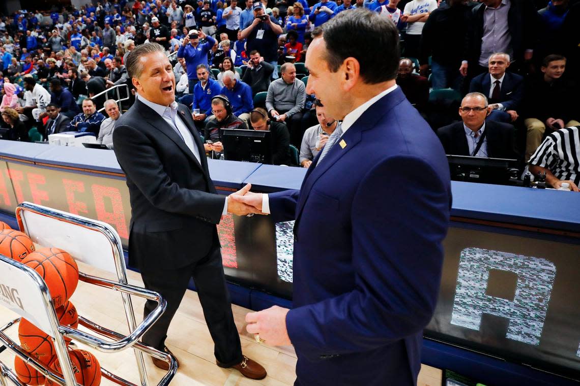 John Calipari, left, is 1-4 against Duke since becoming Kentucky’s head coach 14 years ago. Mike Krzyzewski, right, retired last year. He had an 8-2 record against UK.