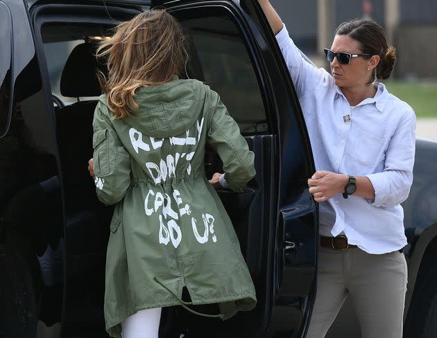 Then-first lady Melania Trump departs Andrews Air Force Base in Maryland on June 21, 2018, wearing a jacket emblazoned with the words, 