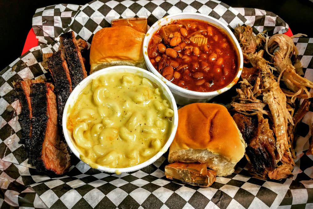 Brisket, Pulled Pork, Cowboy Beans, Mac& Cheese from Fox Smokehouse BBQ in Boulder City, Nevada