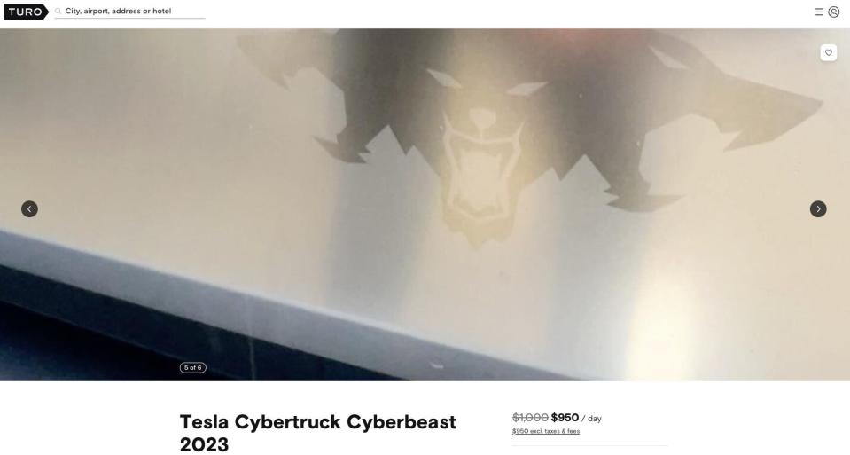 Photo of the Cyberbeast decal in a Turo listing for the Cybertruck