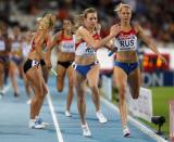 Russia's Tatyana Firova (2nd R) receives the baton from Kseniya Ustalova (R) during the women's 4 x 400 metres relay final at the European Athletics Championships in Barcelona August 1, 2010. Team Russia won the race in 3 minutes 21.26 seconds ahead of team Germany on second and team Britain on third place. REUTERS/Sergio Perez