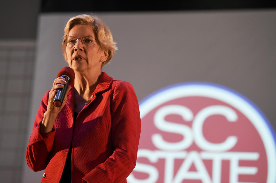 Democratic presidential candidate and U.S. Sen. Elizabeth Warren speaks about the student loan debt relief legislative effort she's sponsoring on Wednesday, Oct. 9, 2019, at South Carolina State University in Orangeburg, S.C. House Majority Whip Clyburn, who is sponsoring a House version of the bill, hosted the town hall. (AP Photo/Meg Kinnard)