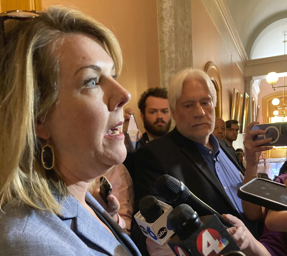 Ohio House Democratic Leader Allison Russo speaks to reporters at the Ohio Statehouse in Columbus, Ohio, after a vote was taken Tuesday, May 9, 2023, to send a proposal that would make it more difficult to amend the state's constitution to a Wednesday floor vote. (AP Photo/Julie Carr Smyth)