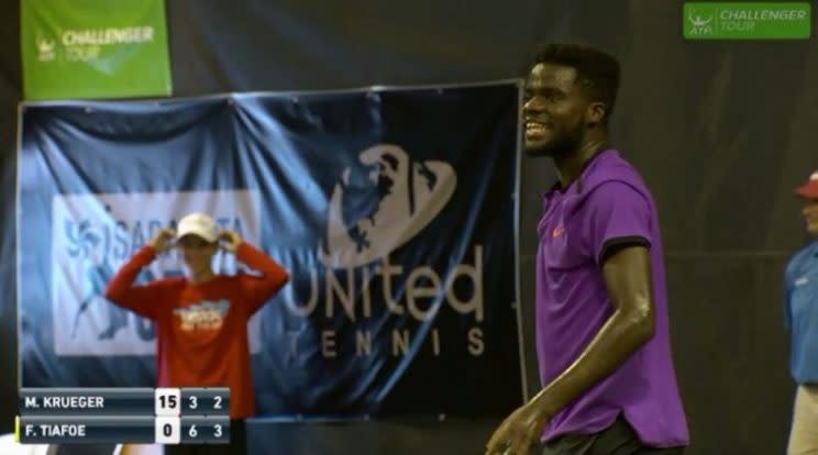 A tennis match between Frances Tiafoe and Mitchell Krueger had an unexpectedly X-rated interruption at the Sarasato Open in Florida on 19 April.