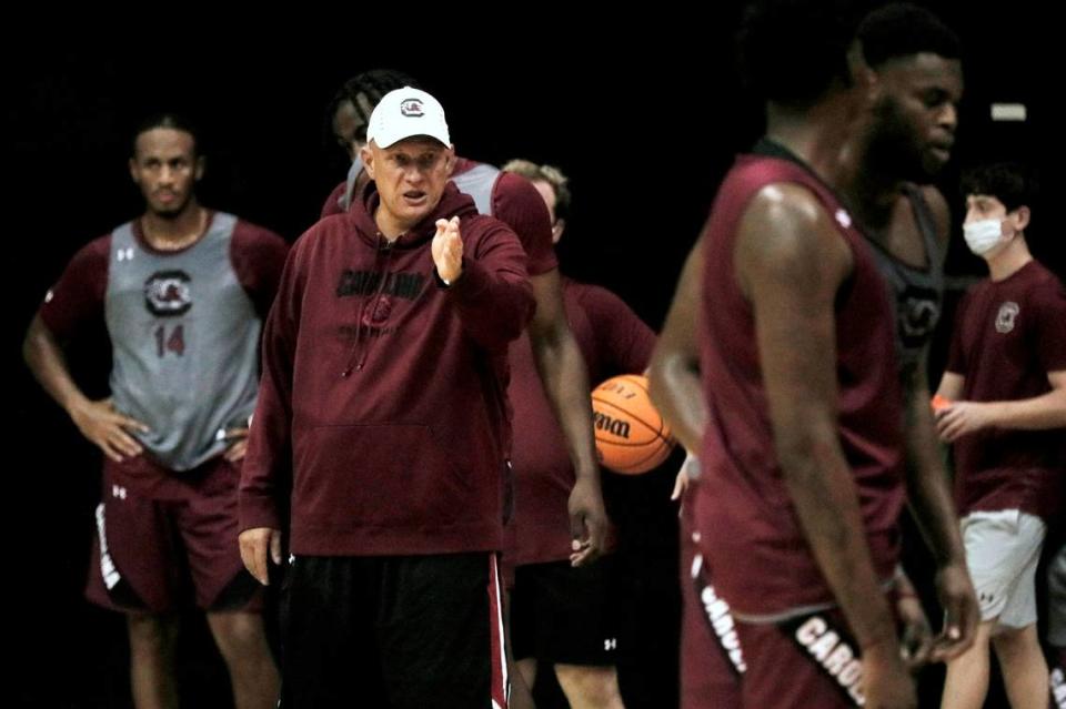 South Carolina Gamecocks’ head coach Frank Martin guides basketball practice on Tuesday, October 12, 2021.