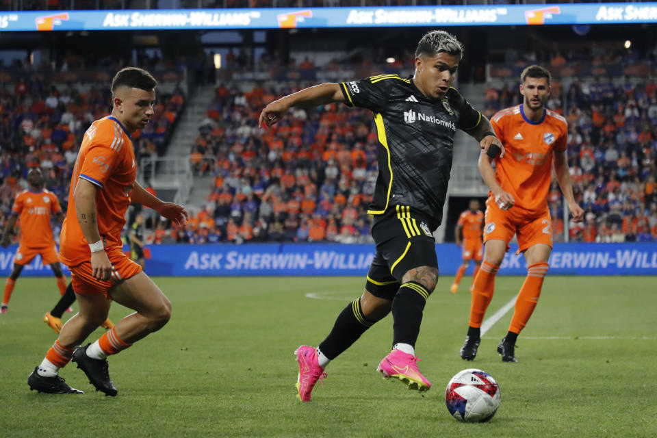 May 20, 2023; Cincinnati, Ohio, USA; Columbus Crew forward Cucho Hernandez (9) dribbles the ball against the FC Cincinnati at TQL Stadium. Mandatory Credit: Katie Stratman-USA TODAY Sports