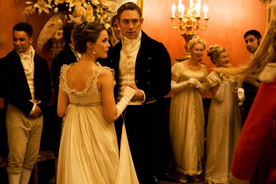 This undated publicity photo provided by the Sundance Institute shows Keri Russell, left, and JJ Feild, in a scene from the film, "Austenland," included in the U.S. Dramatic Film competition at the 2013 Sundance Film Festival. (AP Photo/Sundance Institute)