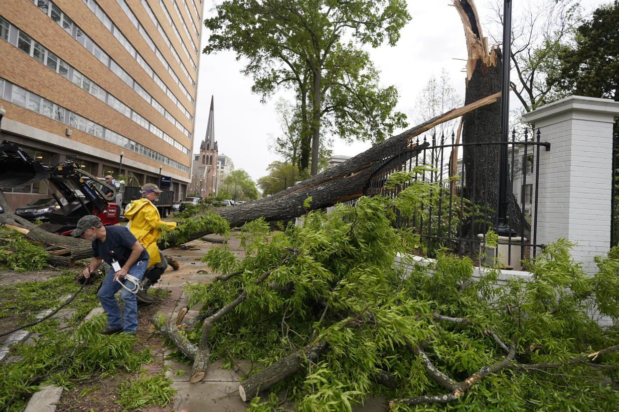 City and state workers race to clear the debris from this downed tree that was felled by strong winds on the grounds of the Mississippi Governor's Mansion on to a main intersection of downtown Jackson, during an outbreak of severe weather in the state, Wednesday, March 30, 2022. A section of the security fence and the decorative brick wall was damaged by the tree. (AP Photo/Rogelio V. Solis)