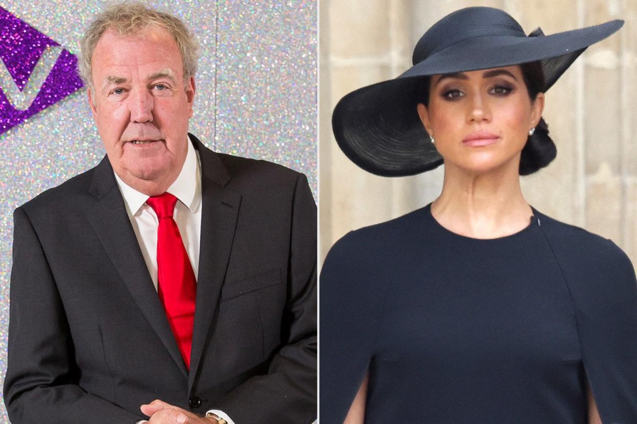 LONDON, ENGLAND - AUGUST 30: Jeremy Clarkson attends the ITV Autumn Entertainment Launch at White City House on August 30, 2022 in London, England. (Photo by Nick England/Getty Images); Meghan, Duchess of Sussex is seen during The State Funeral Of Queen Elizabeth II at Westminster Abbey on September 19, 2022 in London, England. Elizabeth Alexandra Mary Windsor was born in Bruton Street, Mayfair, London on 21 April 1926. She married Prince Philip in 1947 and ascended the throne of the United Kingdom and Commonwealth on 6 February 1952 after the death of her Father, King George VI. Queen Elizabeth II died at Balmoral Castle in Scotland on September 8, 2022, and is succeeded by her eldest son, King Charles III. (Photo by Chris Jackson/Getty Images)