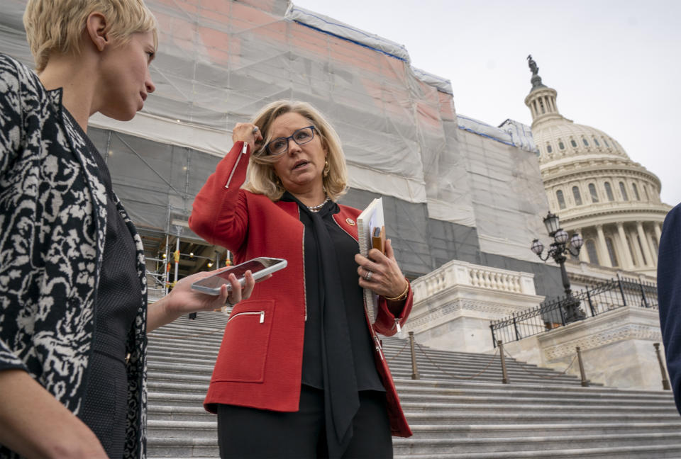 Republican Conference chair Rep. Liz Cheney, R-Wyo., speaks with reporters as lawmakers leave the Capitol in Washington, Friday, Jan. 10, 2020. House Speaker Nancy Pelosi said Friday the House will take steps next week to send articles of impeachment to the Senate for President Donald Trump's Senate trial. (AP Photo/J. Scott Applewhite)