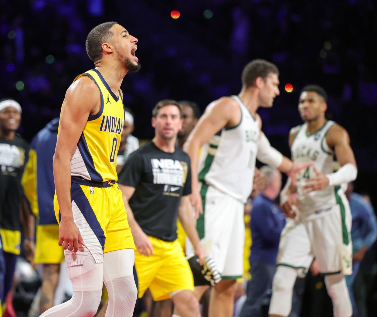Tyrese Haliburton of the Indiana Pacers reacts after hitting a 3-pointer against the Milwaukee Bucks in the inaugural NBA In-Season Tournament at T-Mobile Arena on December 7, 2023 in Las Vegas, Nevada.
