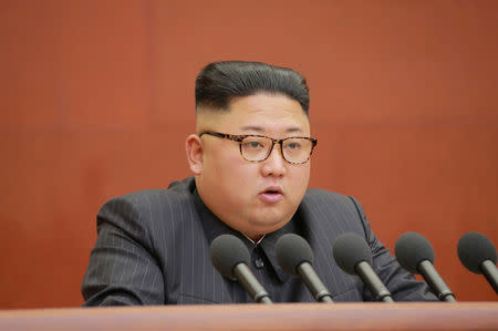 North Korean leader Kim Jong Un speaks during the Second Plenum of the 7th Central Committee of the Workers' Party of Korea (WPK) at the Kumsusan Palace of the Sun, in this undated photo released by North Korea's Korean Central News Agency (KCNA) in Pyongyang October 8, 2017. KCNA/via REUTERS