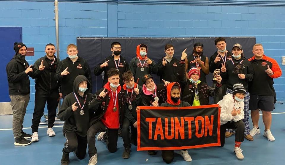 Taunton wrestling after winning the 2022 Cape Cod Invitational at Sandwich High School.