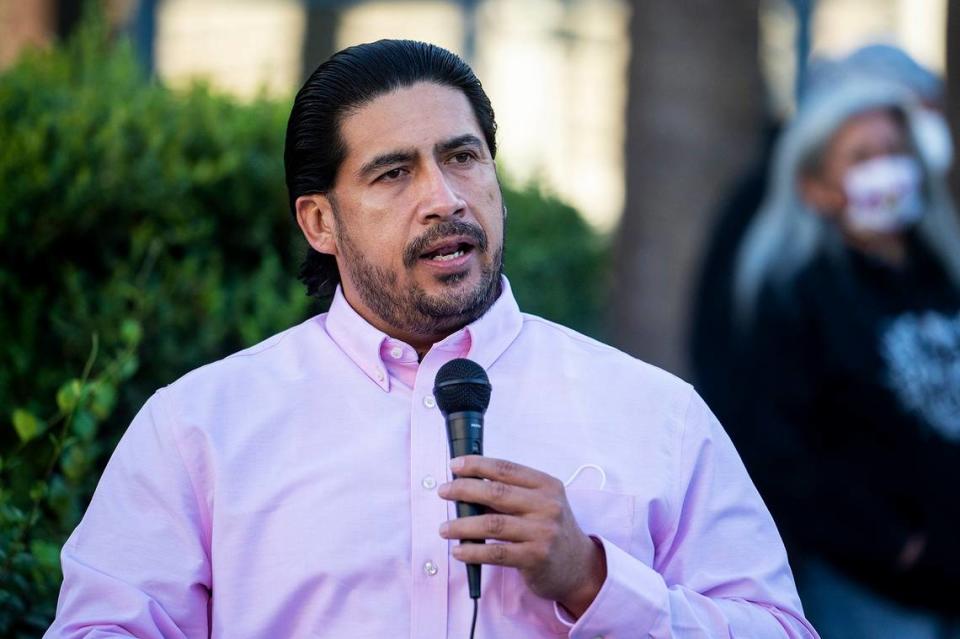 Merced City Councilmember Jesse Ornelas speaks to youth and community members outside the Merced Civic Center during the Fund Our Futures rally in Merced, Calif., on Monday, Oct. 18, 2021.