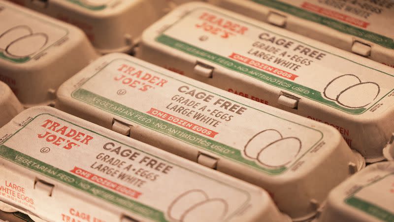 Eggs for sale at Trader Joe’s in Draper on Friday, March 3, 2023. A report indicates the country’s largest egg producer reported its “revenue doubled and profits surged 718% last quarter” because of increased egg prices.
