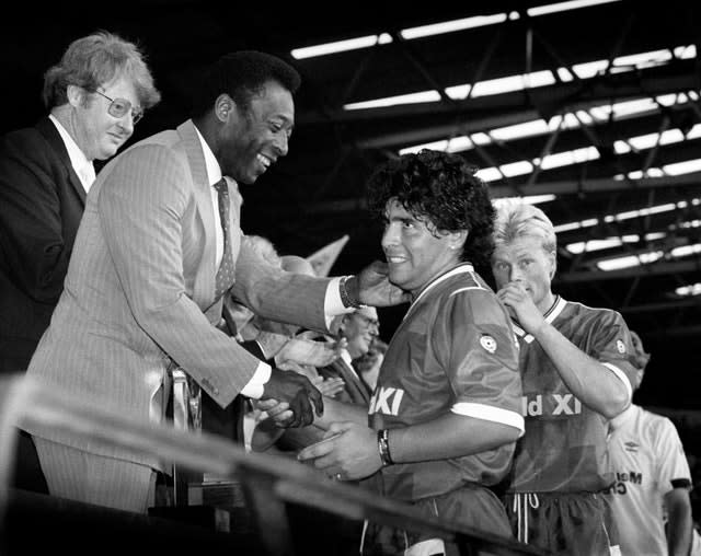 Pele (left) and Maradona (right) - pictured together at the Football League's Centenary Classic at Wembley in 1987 - are widely considered the greatest two players of all time