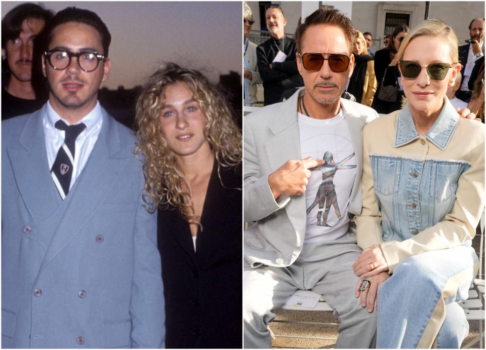 Robert Downey Jr. with Sarah Jessica Parker in 1980 vs. Robert Downey Jr. with Cate Blanchett in 2023.