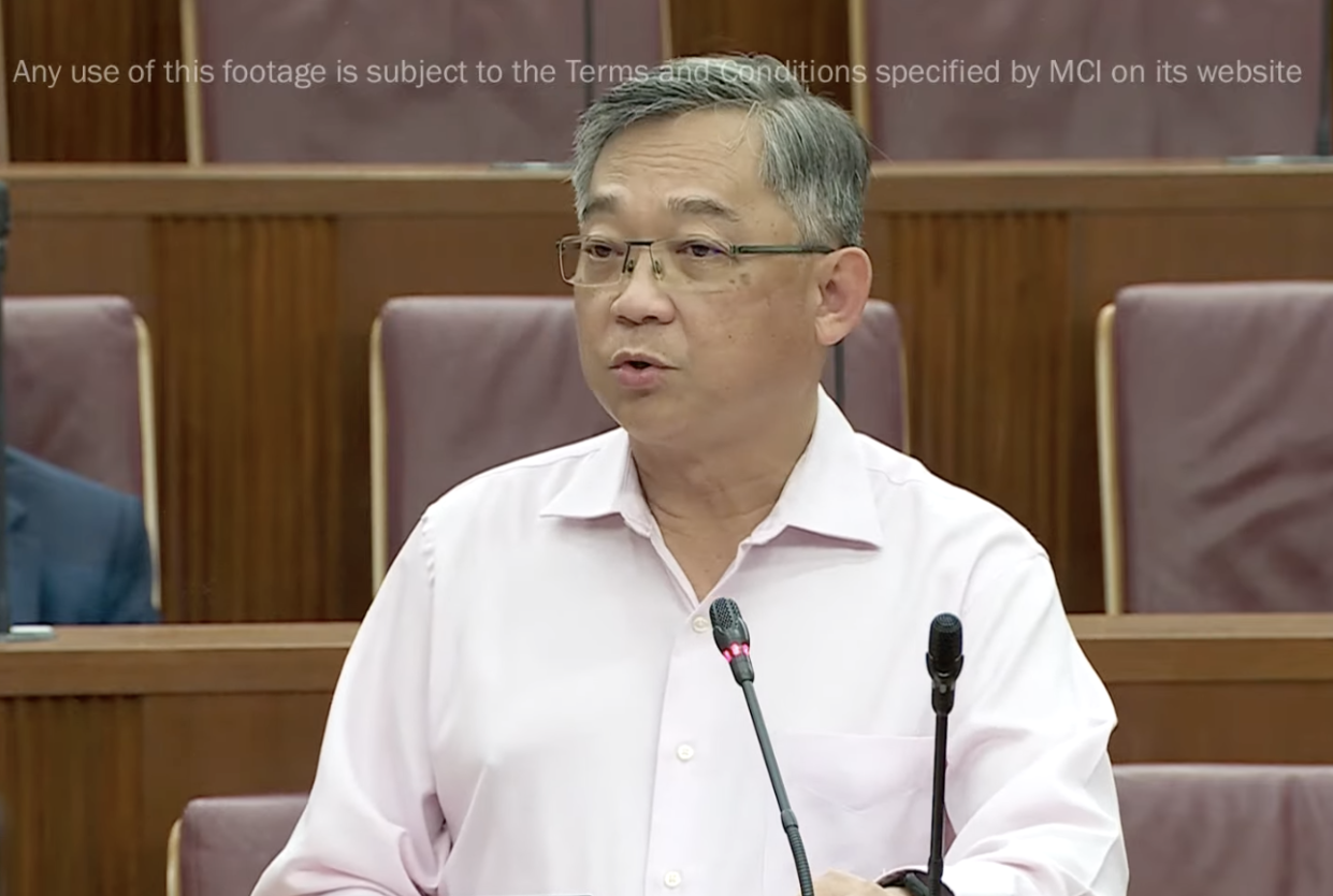 Trade and Industry Minister Gan Kim Yong speaking in Parliament on the Ukraine-Russia crisis on 28 February 2022. (SCREENSHOT: Ministry of Communications and Industry/YouTube)