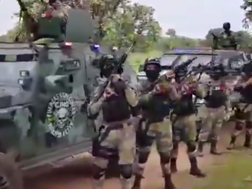 A still from a video apparently released by the Jalisco New Generation Cartel showing the group's military power: CJNG