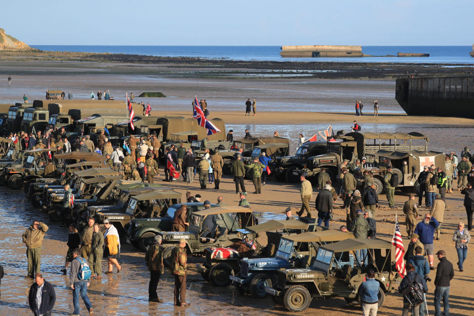 Military vehicles line the beach at Arromanches in Normandy, northern France, as part of events to mark the 75 anniversary of D-Day (Picture: PA)