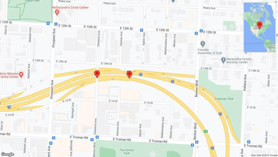 A detailed map that shows the affected road due to 'Broken down vehicle on eastbound I-70 in Kansas City' on December 15th at 9:51 p.m.