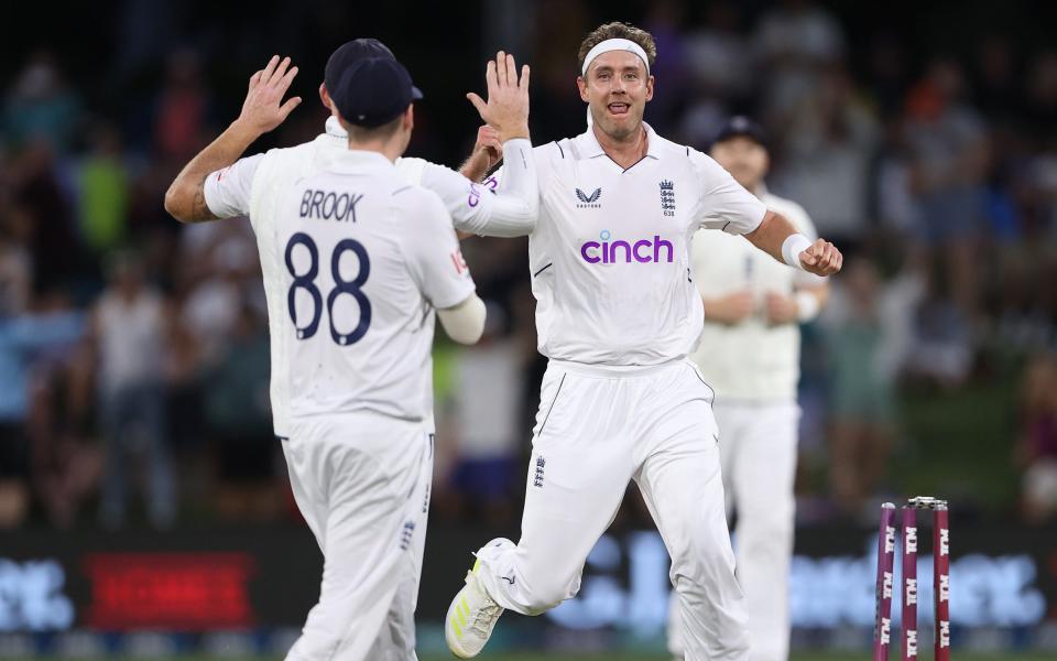 Stuart Broad of England celebrates bowling Tom Latham of New Zealand during day three of the First Test match in the series between New Zealand and England at Bay Oval on February 18, 2023 in Mount Maunganui, New Zealand - Phil Walter/Getty Images
