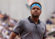 Jo-Wilfred Tsonga of France looks on in his mens singles first round match against Peter Gojowczky of Germany during Day two of the 2019 French Open at Roland Garros on May 27, 2019 in Paris, France. (Photo by Quality Sport Images/Getty Images)
