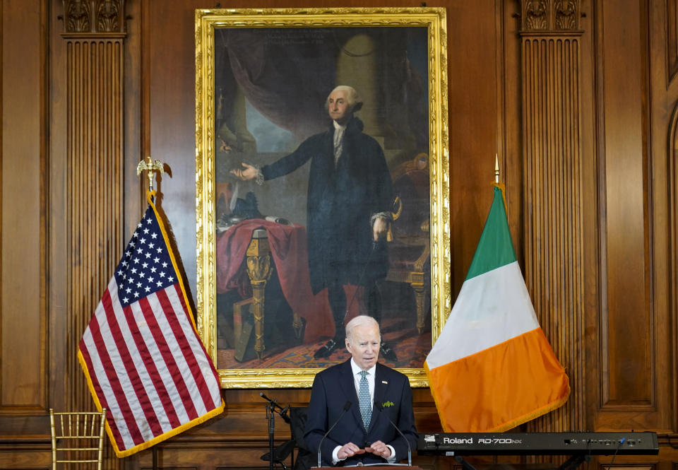 President Joe Biden speaks during a Friends of Ireland Caucus St. Patrick's Day luncheon in the U.S. Capitol, Friday, March 17, 2023, in Washington. (AP Photo/Alex Brandon)