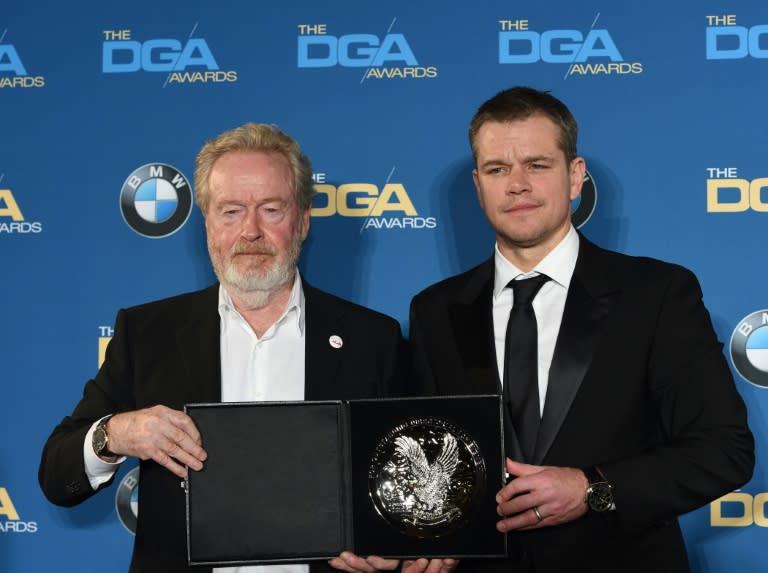 Director Ridley Scott (L), recipient of the Feature Film Nomination Plaque for The Martian, and actor Matt Damon at the Directors Guild of America Awards in Los Angeles on February 6, 2016