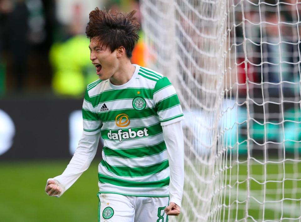 Kyogo Furuhashi celebrates scoring for Celtic (EPA)