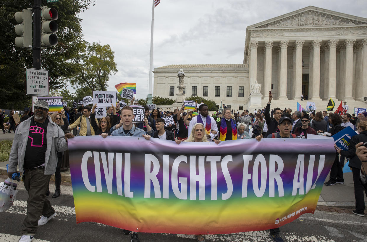 On October 8, 2019, the Supreme Court heard a series of cases to determine whether or not gay and transgender people should be protected under Title VII of the Civil Rights Act of 1964. (Photo: Tasos Katopodis/Getty Images)