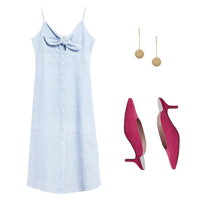 <a rel="nofollow noopener" href="http://rstyle.me/n/cpvjm6jduw" target="_blank" data-ylk="slk:Ida Dress, Farrow, $78Dress up a knotted seersucker frock with bright kitten-heel mules and gold disc earrings. Total: $198;elm:context_link;itc:0;sec:content-canvas" class="link ">Ida Dress, Farrow, $78<p>Dress up a knotted seersucker frock with bright kitten-heel mules and gold disc earrings.</p> <p><strong>Total: $198</strong></p> </a><a rel="nofollow noopener" href="http://rstyle.me/n/cpwa32jduw" target="_blank" data-ylk="slk:Double Disc Strand Earrings, ASOS, $10Dress up a knotted seersucker frock with bright kitten-heel mules and gold disc earrings. Total: $198;elm:context_link;itc:0;sec:content-canvas" class="link ">Double Disc Strand Earrings, ASOS, $10<p>Dress up a knotted seersucker frock with bright kitten-heel mules and gold disc earrings.</p> <p><strong>Total: $198</strong></p> </a><a rel="nofollow noopener" href="https://click.linksynergy.com/deeplink?id=30KlfRmrMDo&mid=38434&murl=https%3A%2F%2Fus.riverisland.com%2Fwomen%2Fshoes--boots%2Fshoes%2Fpink-pointed-high-vamp-kitten-heel-mules-706041" target="_blank" data-ylk="slk:Pointed High Vamp Kitten Heel Mules, River Island, $110Dress up a knotted seersucker frock with bright kitten-heel mules and gold disc earrings. Total: $198;elm:context_link;itc:0;sec:content-canvas" class="link ">Pointed High Vamp Kitten Heel Mules, River Island, $110<p>Dress up a knotted seersucker frock with bright kitten-heel mules and gold disc earrings.</p> <p><strong>Total: $198</strong></p> </a>