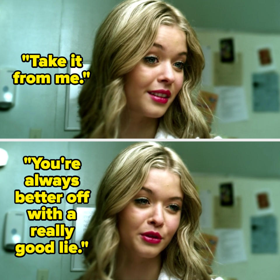 Ali saying "Take it from me. You're always better off with a really good lie" on pretty little liars