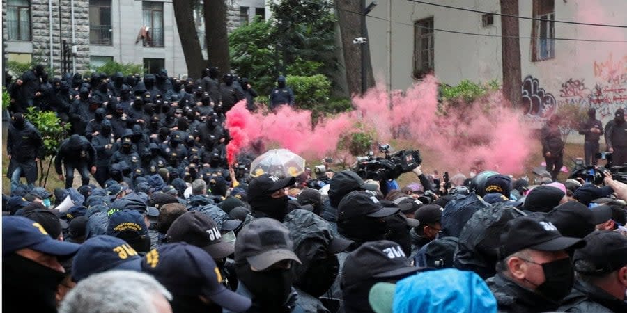 Police try to clear parliament entrances during a protest against the 'Foreign Agents' bill, Tbilisi, Georgia, May 13, 2024