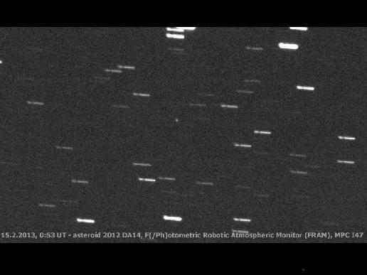 Asteroid 2012 DA14, appearing as the white dot in the middle of the picture, was seen by the FRAM Telescope in Argentina, part of the GLObal Robotic-telescopes Intelligent Array (GLORIA) project, in advance of its close approach to Earth. It wa