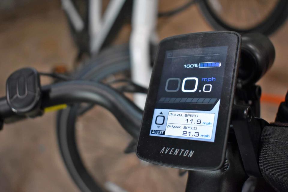 An electronic display on each Aventon e-bike keeps track of a variety of details, including speed, ride time and calories burned.