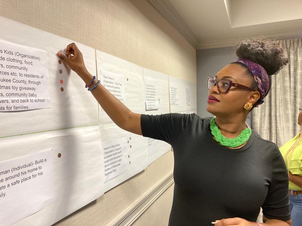 A member of the AART votes in the organization's pilot program to engage residents in participatory budgeting where northwest side residents vote to decide which community led projects receive funding.