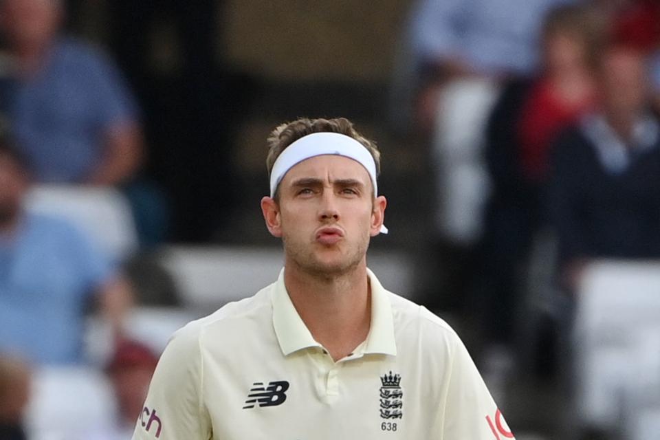 Seen here, England fast bowler Stuart Broad reacts after a delivery in the Test series against India.