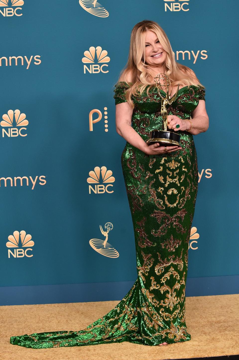 Jennifer Coolidge poses with the Emmy for outstanding supporting actress in a limited or anthology series or movie for "The White Lotus" during the 74th Emmy Awards on Monday, Sept. 12, 2022, at the Event Deck of the Microsoft Theater in Los Angeles.