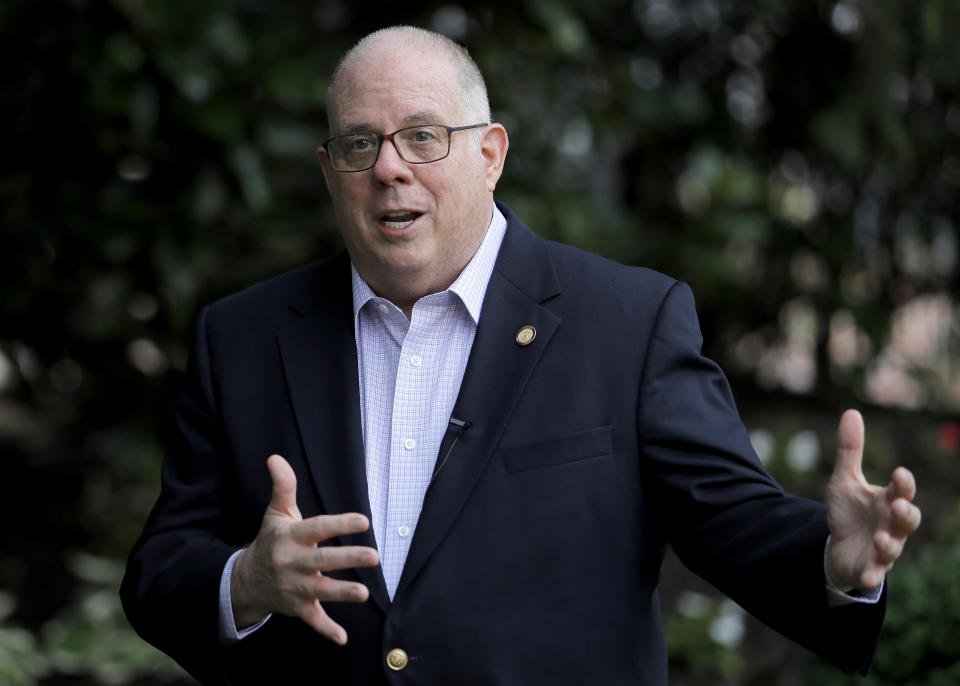 FILE - In this July 23, 2020, file photo, Maryland Gov. Larry Hogan speaks during an interview with The Associated Press to talk about his response to the coronavirus outbreak in Annapolis, Md. Irked by the sweeping use of executive orders during the COVID-19 crisis, state lawmakers around the U.S. are moving to curb the authority of governors and top health officials to impose emergency restrictions such as mask rules and business shutdowns. Democrats who control the Maryland General Assembly are pressing for more transparency from Hogan’s administration. (AP Photo/Julio Cortez, File)